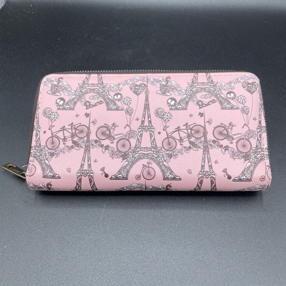 Women's Casual Zip Around Wallet Pink Multi With Fun Paris Prints